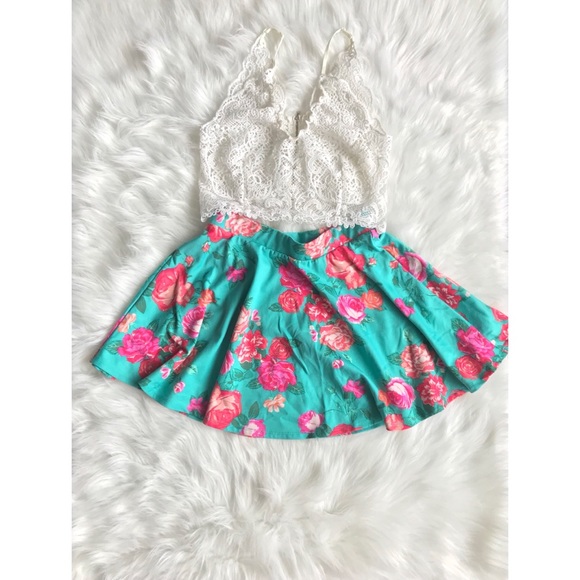 Ambiance Dresses & Skirts - 2/$20 Floral Teal Skater A Line Skirt Pink Roses